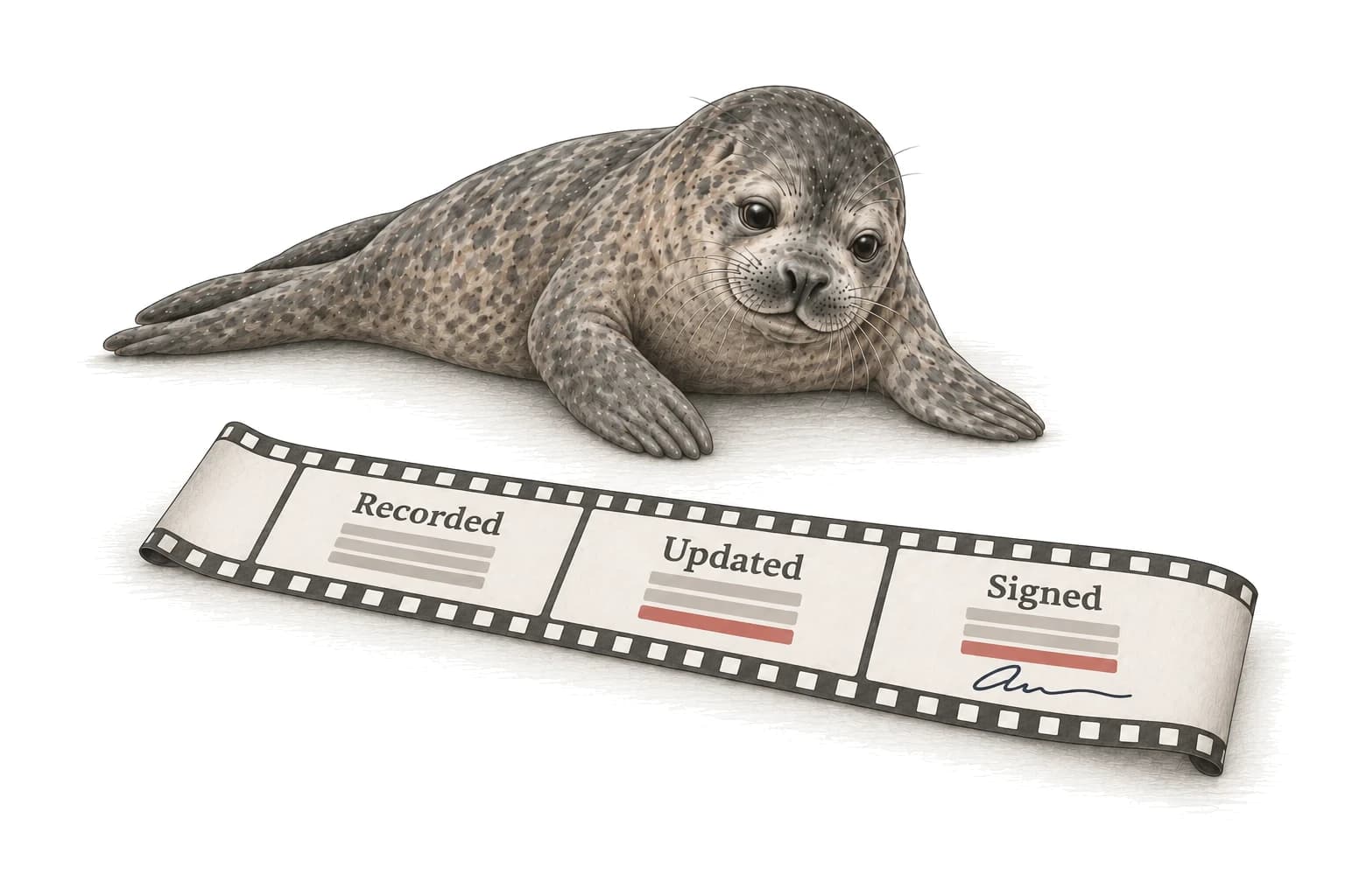A seal watches a loose filmstrip showing one record as Recorded, Updated and Signed, with the earlier entry, changed value and signature visible in sequence.