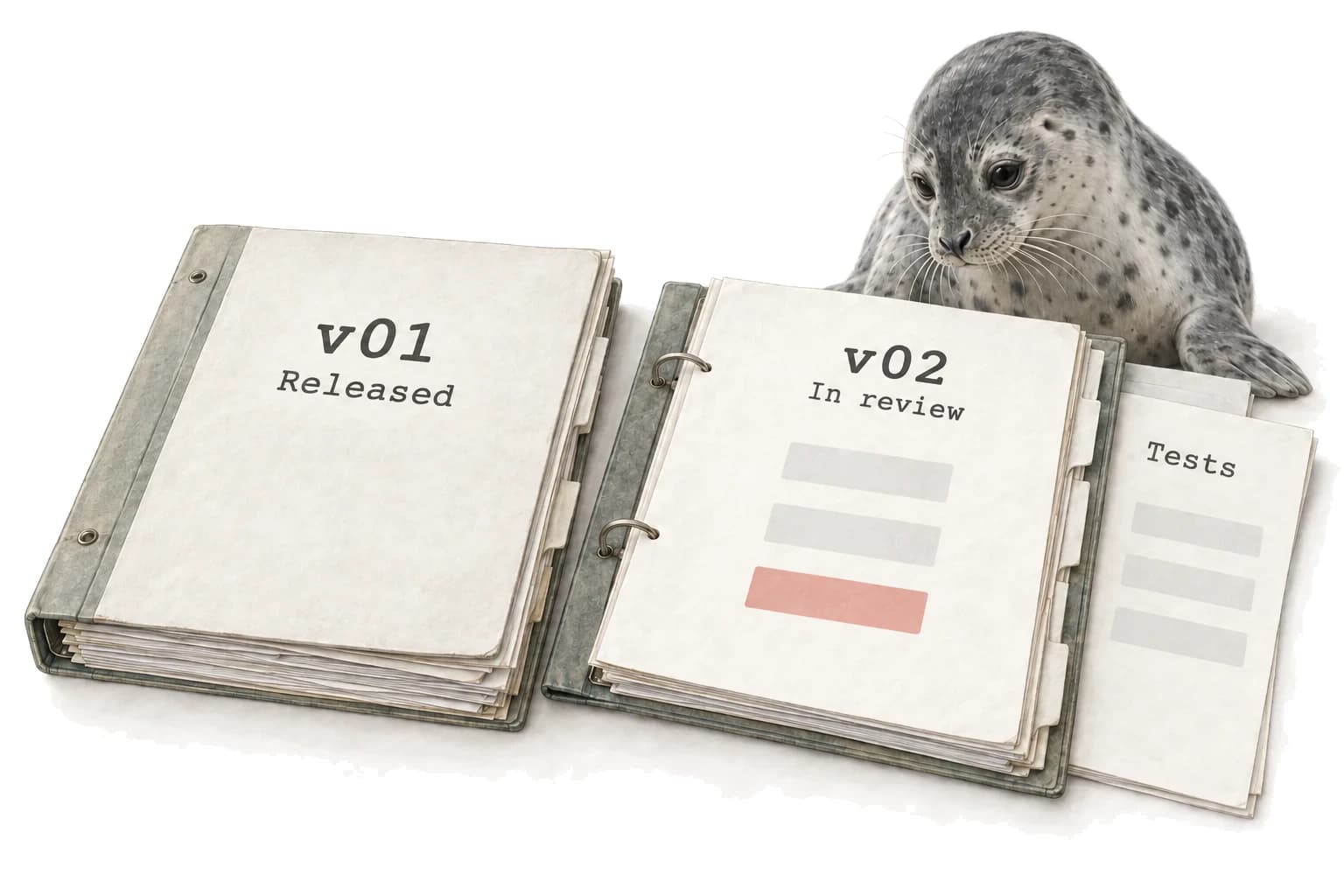A released v01 process folio is preserved beside v02, marked In review, with a changed step highlighted in red and a sheet of tests attached.