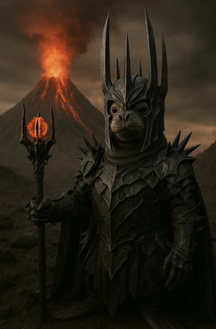 A seal as Sauron in spiked armor, holding a staff crowned with the burning Eye before an erupting Mount Doom
