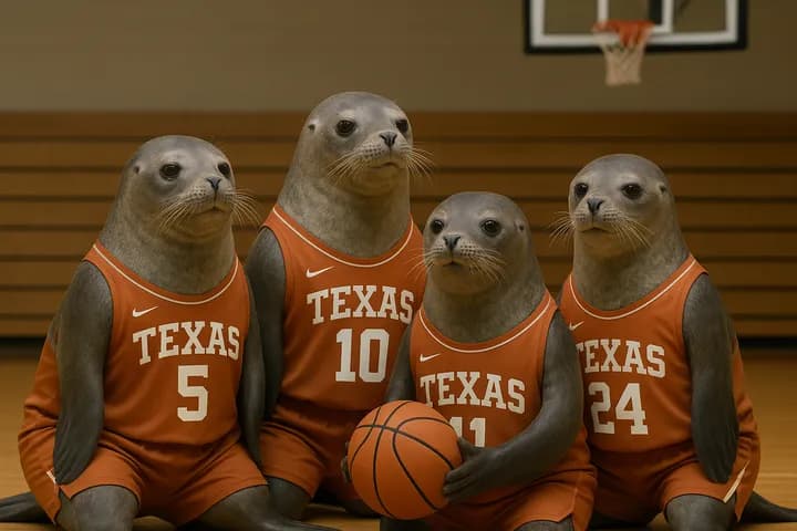 Four seals in Texas basketball jerseys posing with a basketball in a gym
