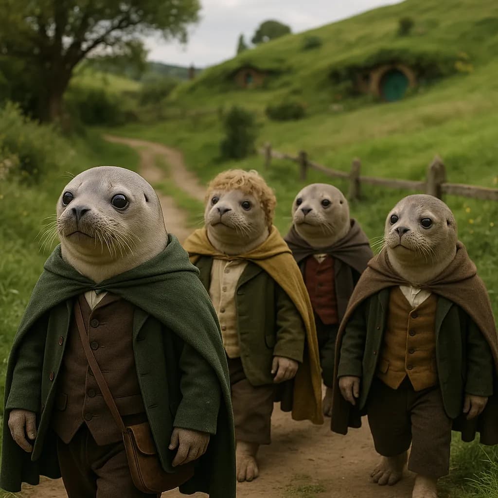 Four seals dressed as hobbits walking a country path through the Shire