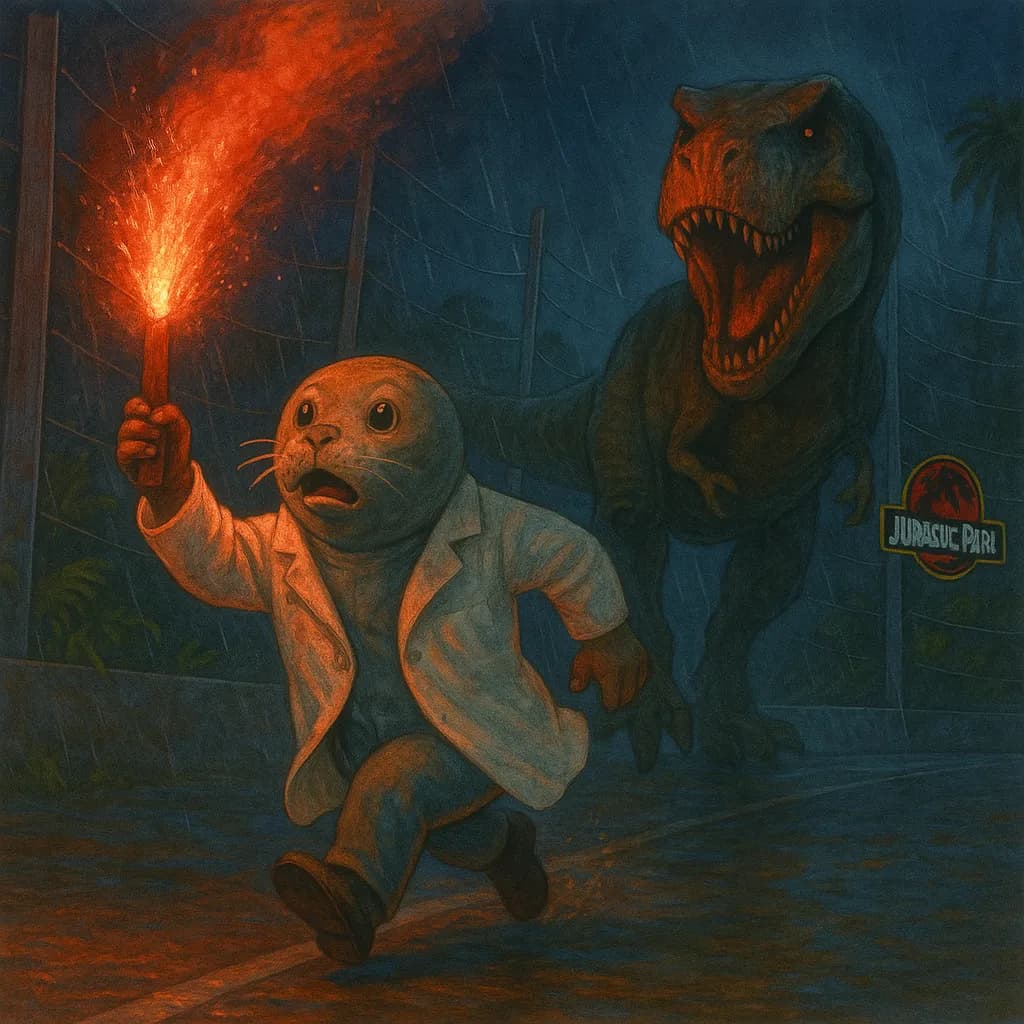 Painting of a seal in a lab coat fleeing a T. rex with a flare held high, Jurassic Park style