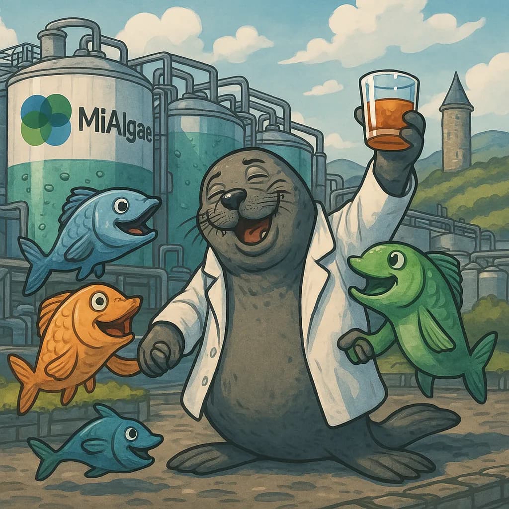 Cartoon seal in a lab coat raising a toast with fish friends outside the MiAlgae plant