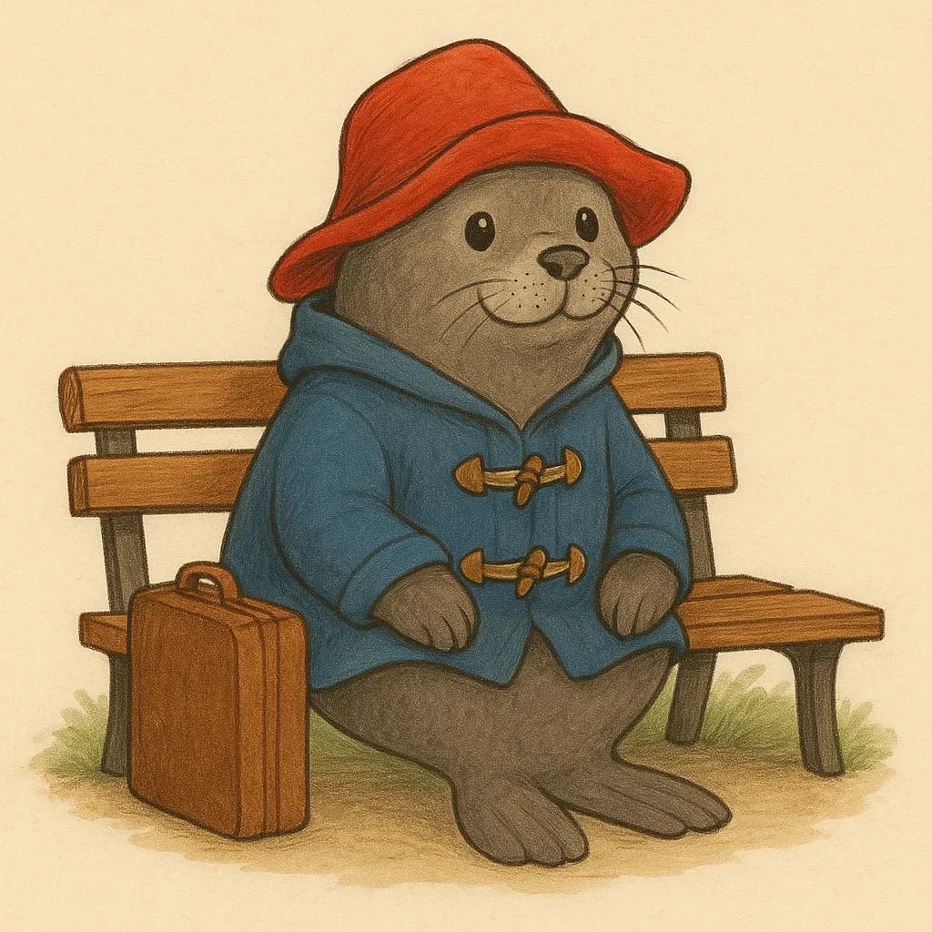 Drawing of a seal dressed as Paddington — red hat, blue duffle coat — sitting on a bench beside a suitcase