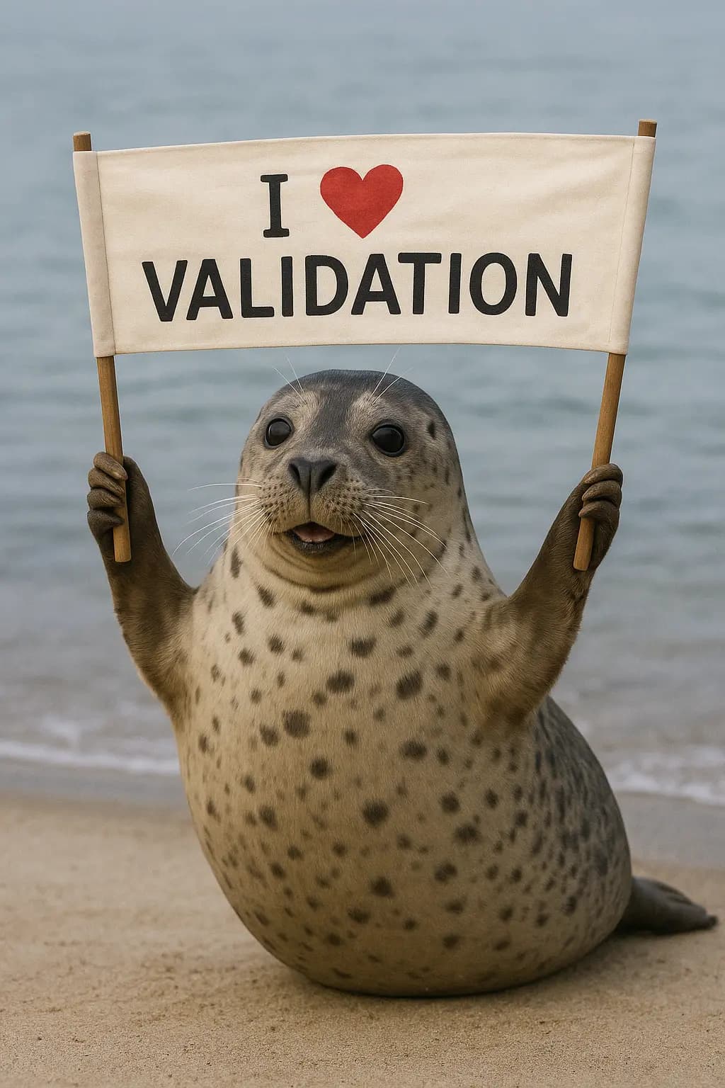A seal on a beach holding up a banner that reads I love validation