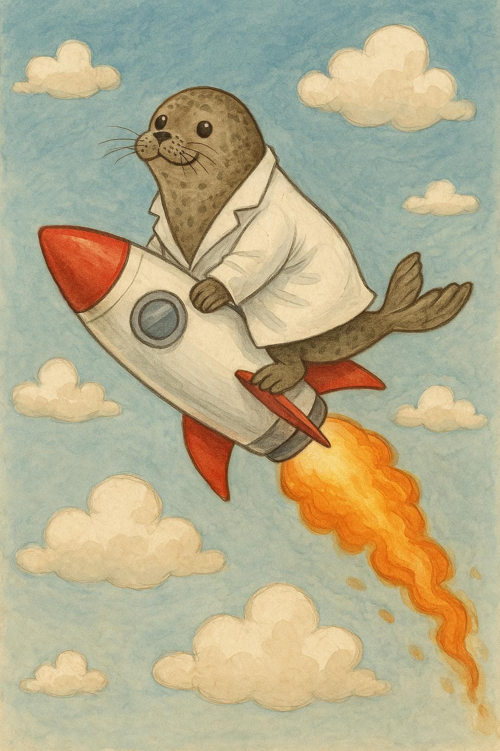 Watercolor of a seal in a lab coat riding a rocket through the clouds