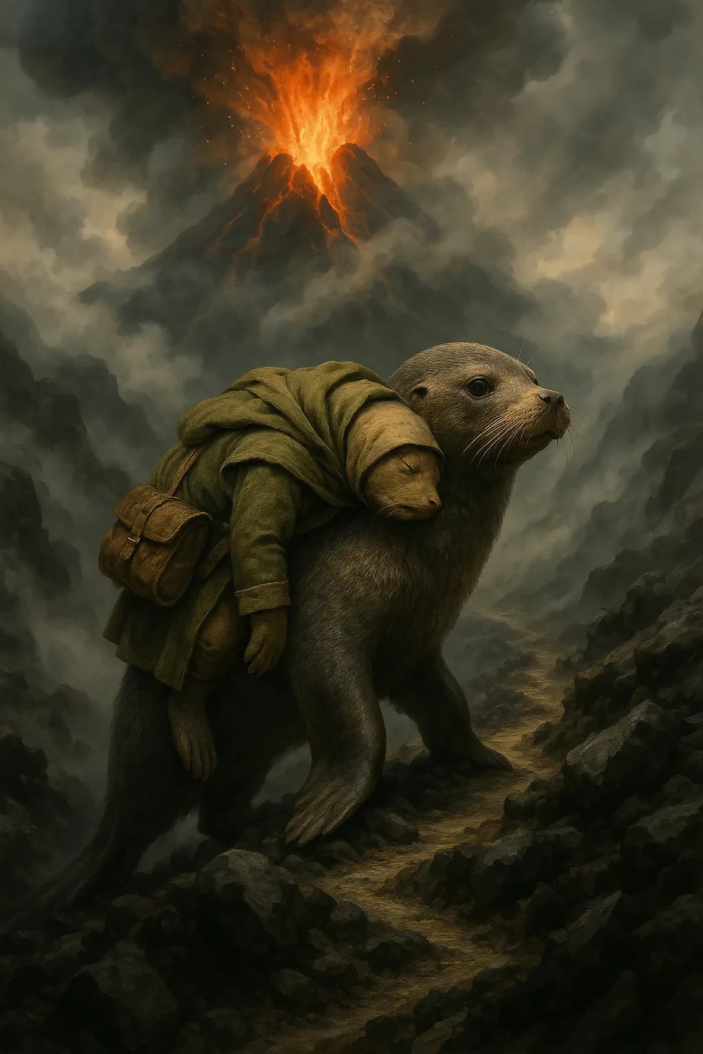 Painting of a seal carrying a sleeping companion up a volcano path, Samwise style