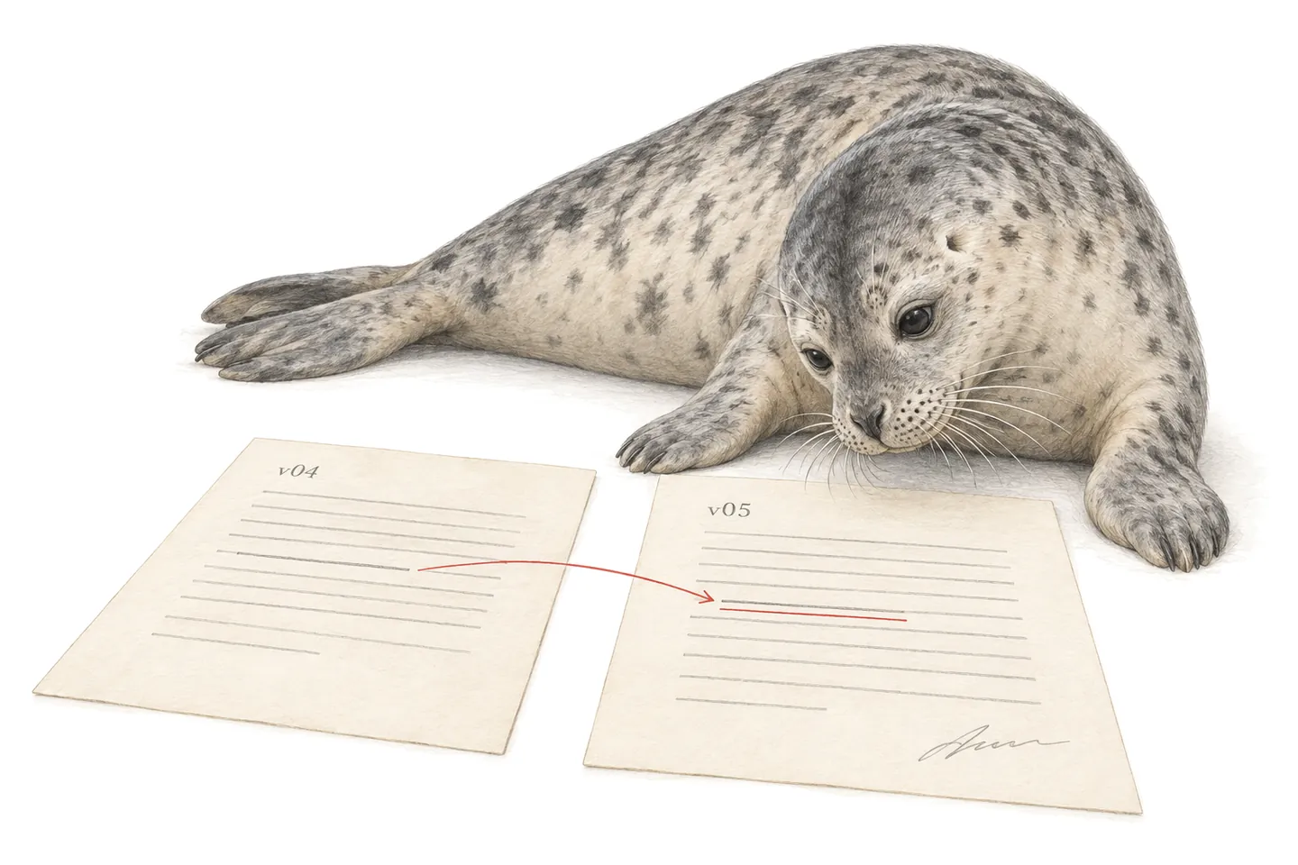 Illustration of a seal reading procedure v05 beside v04, the changed line underlined in red and the new version signed.