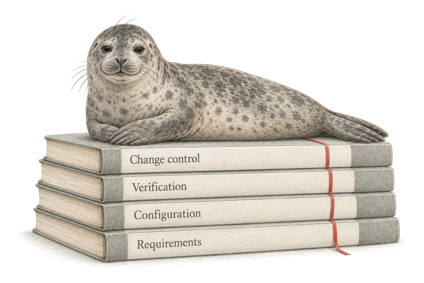 Illustration of a seal resting on four bound volumes, Requirements, Configuration, Verification and Change control, with a red ribbon running through them all.