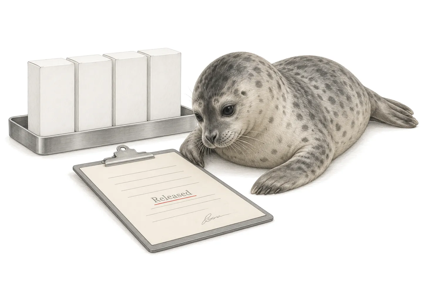 Illustration of a seal reading a signed batch certificate marked Released beside a tray of finished cartons.