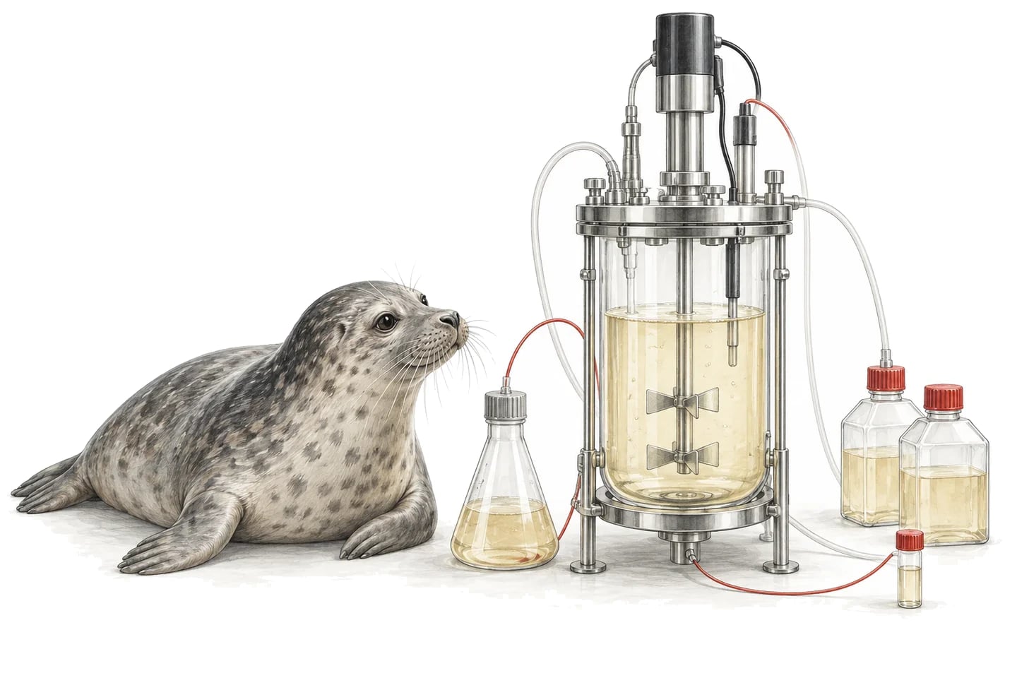 Illustration of a curious seal beside a culture bioreactor, media bottles and a sample vial.