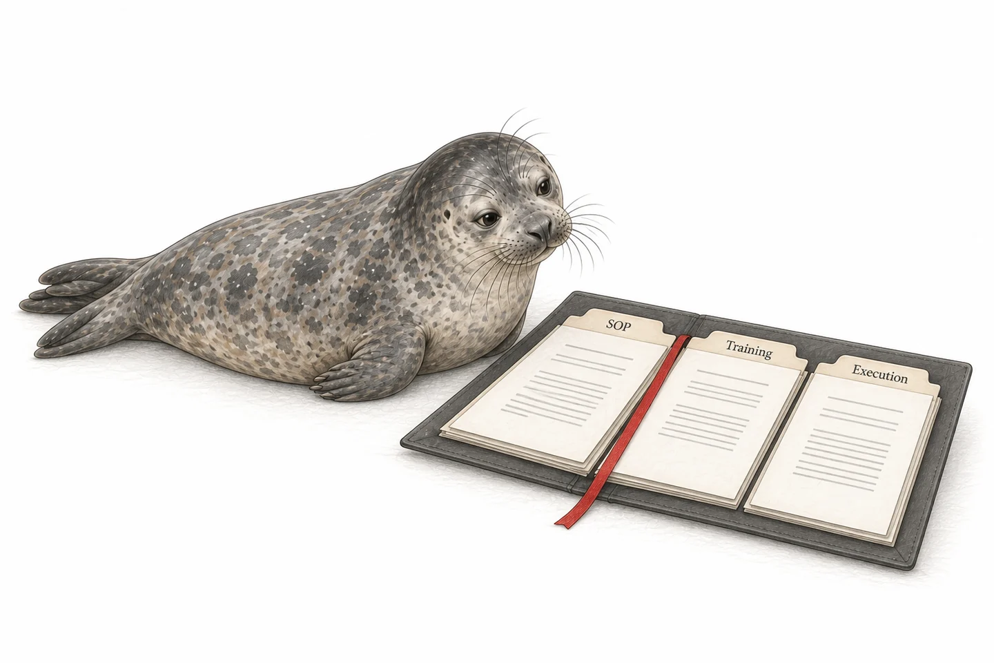 Illustration of a seal beside an open evidence folio containing SOP, training and execution records.