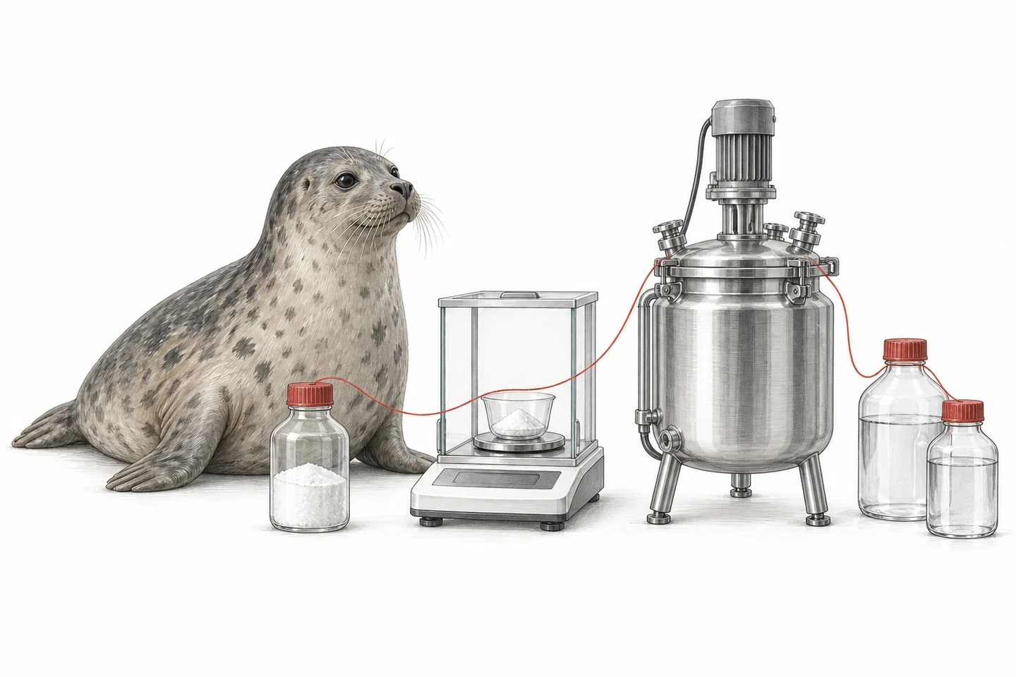 Illustration of a seal beside a balance and mixing vessel, with a red thread connecting ingredients to prepared solution bottles.