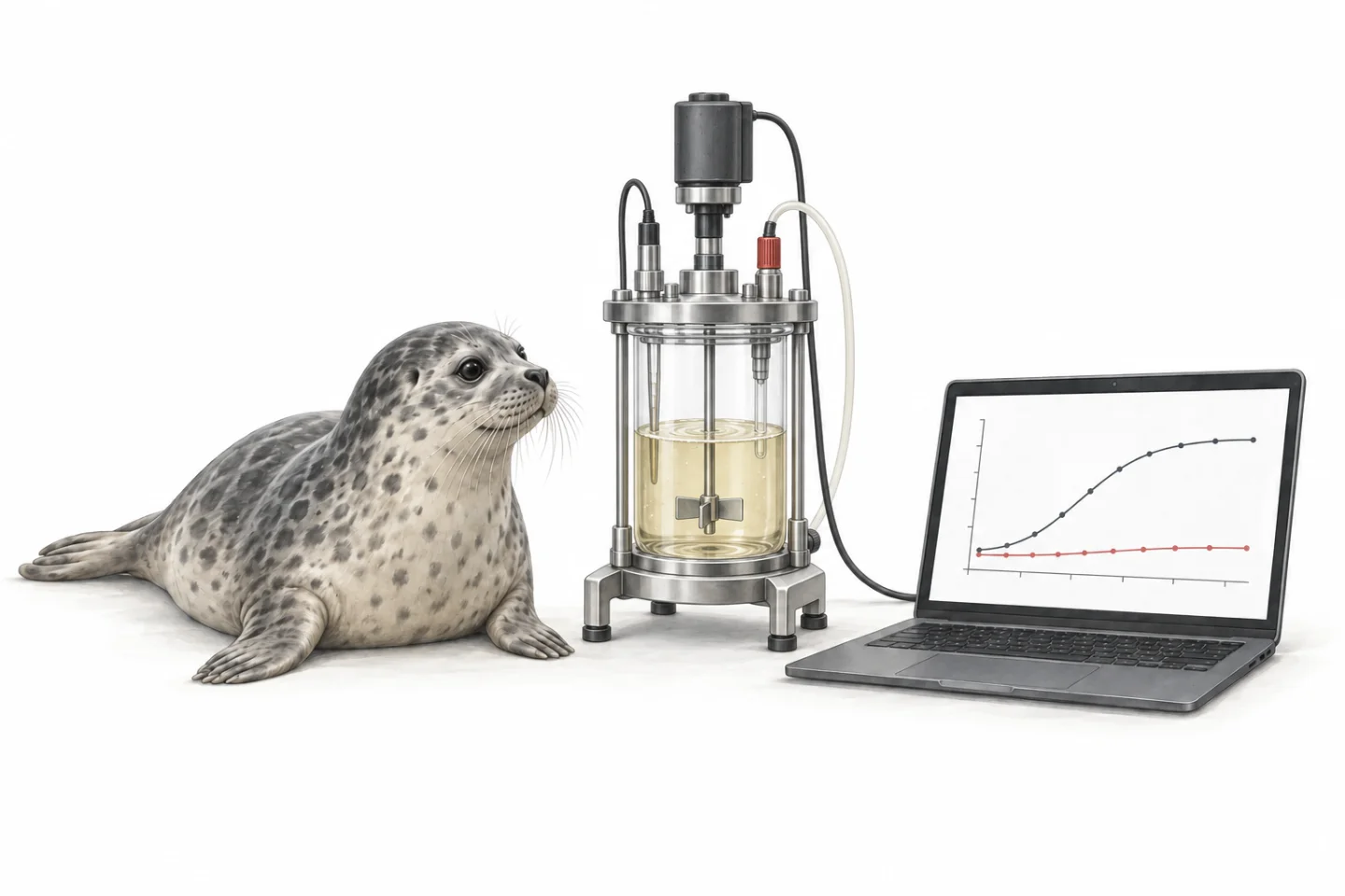 Illustration of a seal beside a benchtop bioreactor and a laptop displaying culture trends.