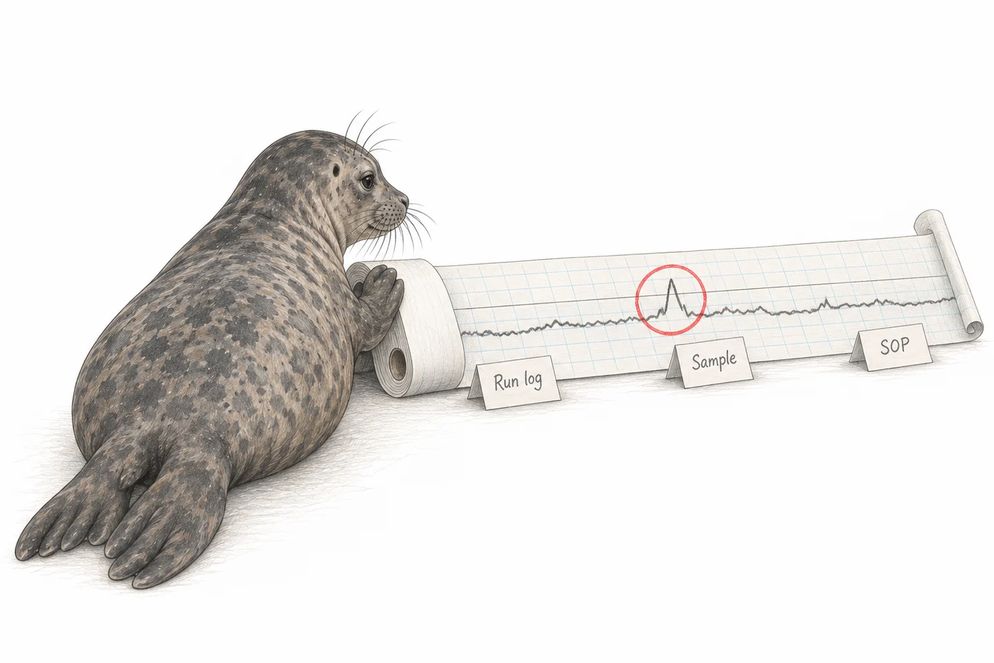 Illustration of a seal examining a circled change in a trace alongside run, sample and procedure records.