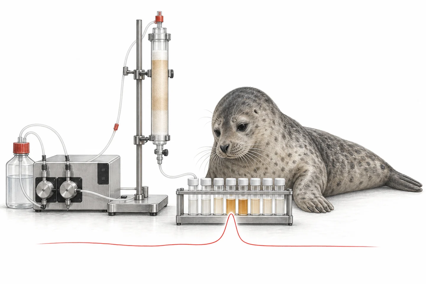 Illustration of a seal studying collected fractions beside a chromatography column, with a red peak below.