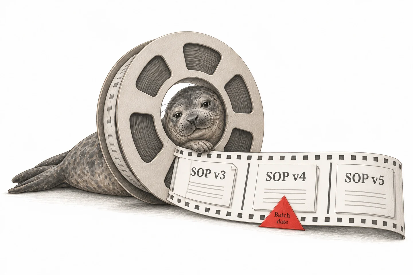 Illustration of a seal following successive procedure versions and the version used for a batch.