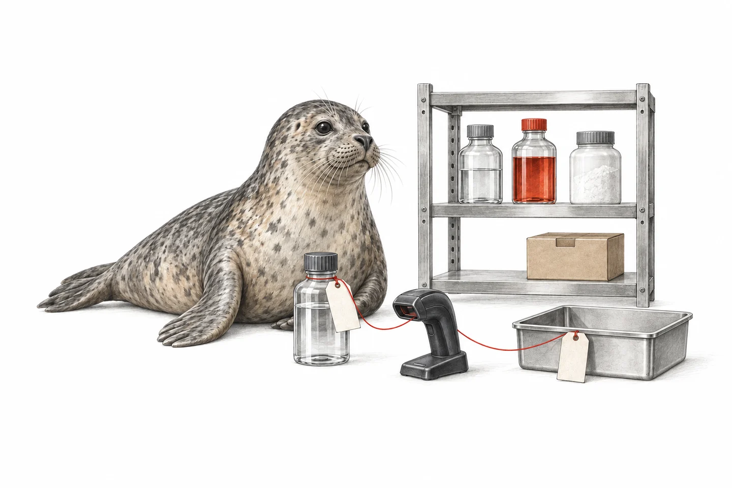 Illustration of a seal following a reagent container from storage through identity scanning.