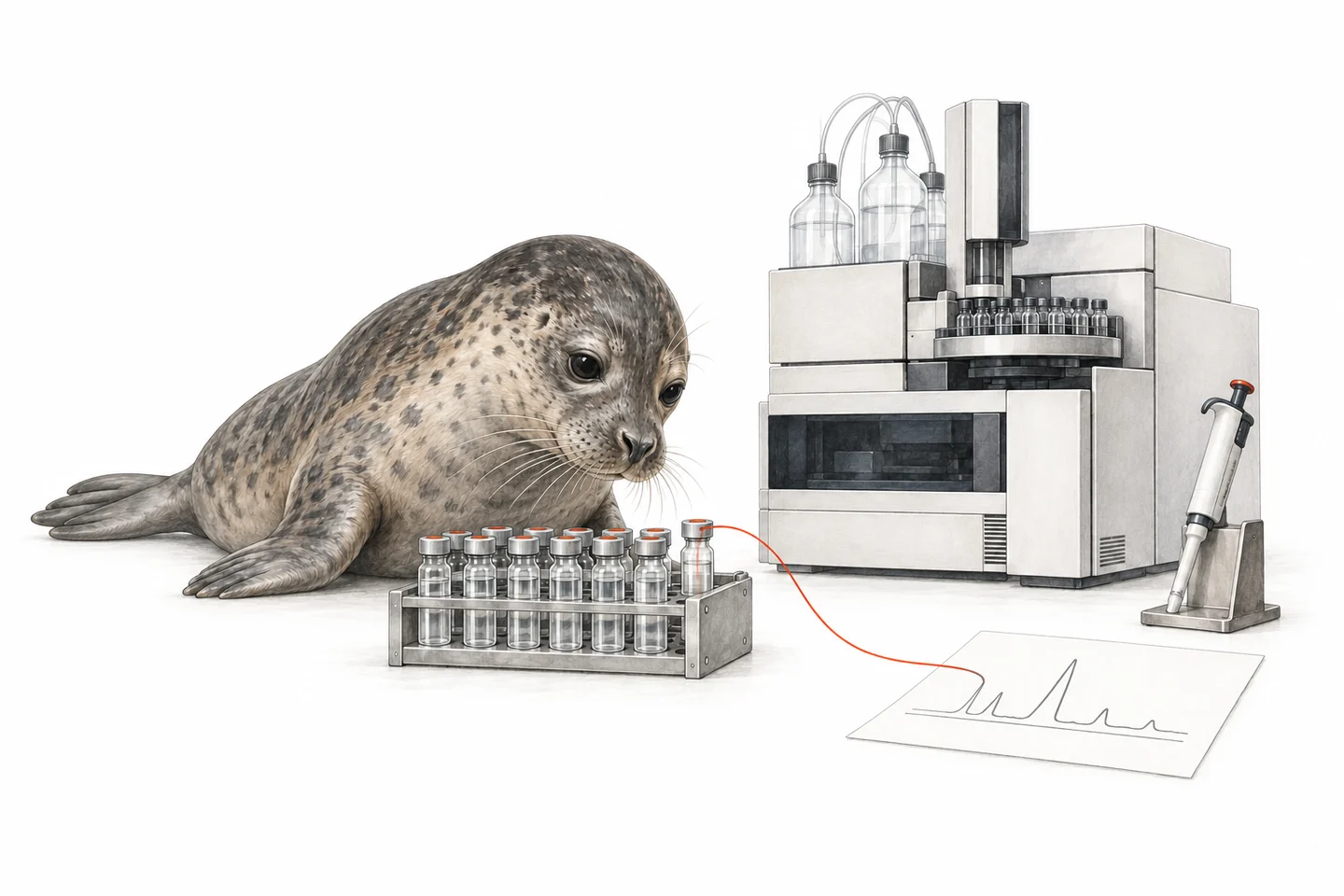 Illustration of a seal following a sample vial to an analytical instrument and its result.