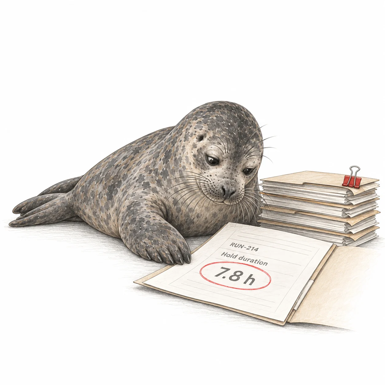 Illustration of a seal reviewing RUN-214, with its 7.8-hour hold duration circled in red.