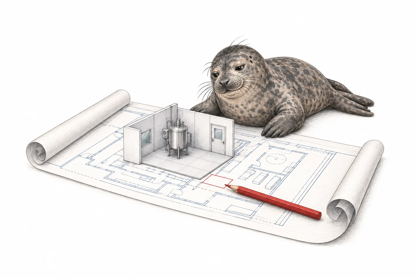 Illustration of a seal reviewing a proposed facility on a technical drawing.