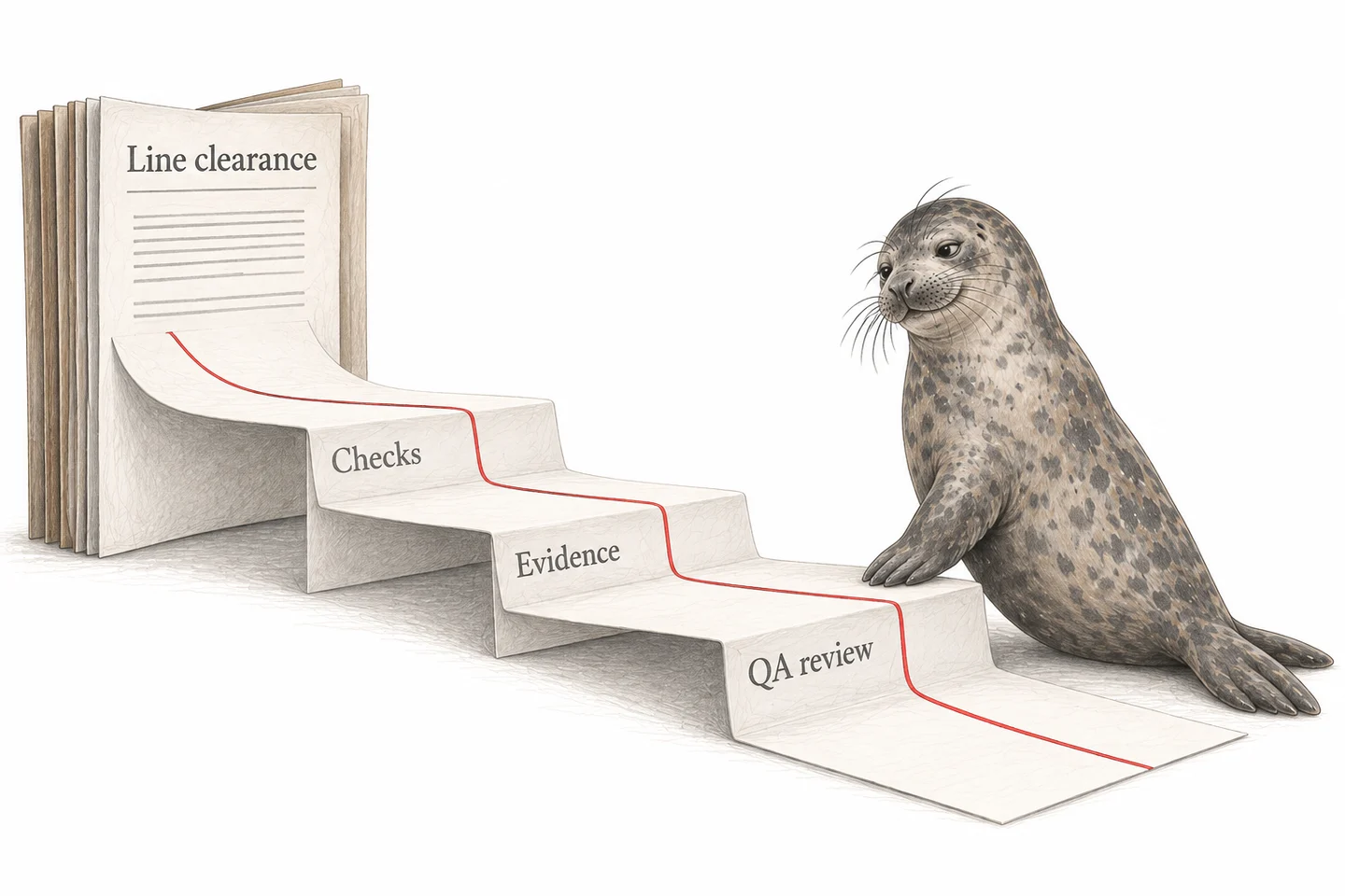 Illustration of a seal beside a procedure unfolding into execution checks and review evidence.