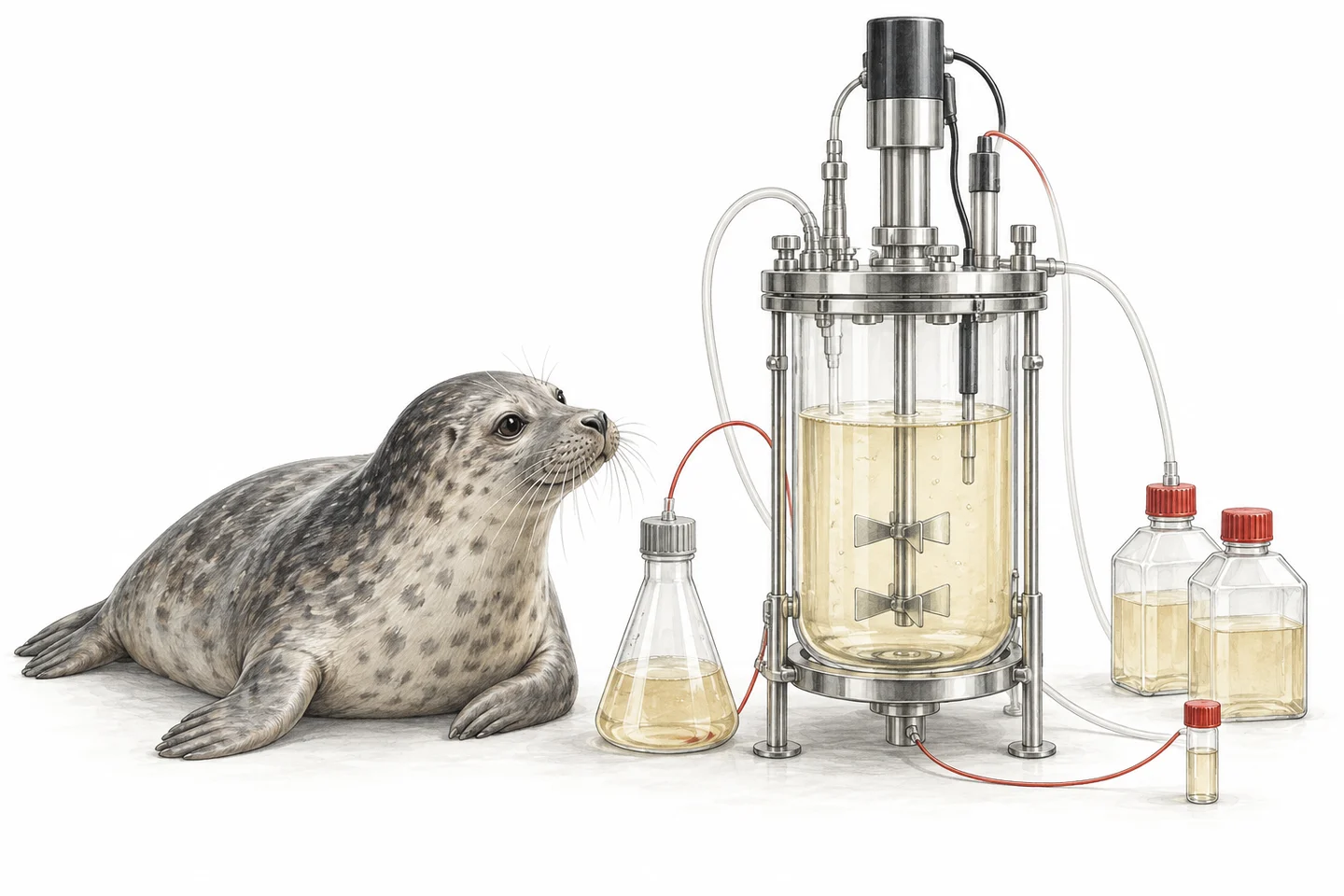 Illustration of a curious seal beside a culture bioreactor, media bottles and a sample vial.