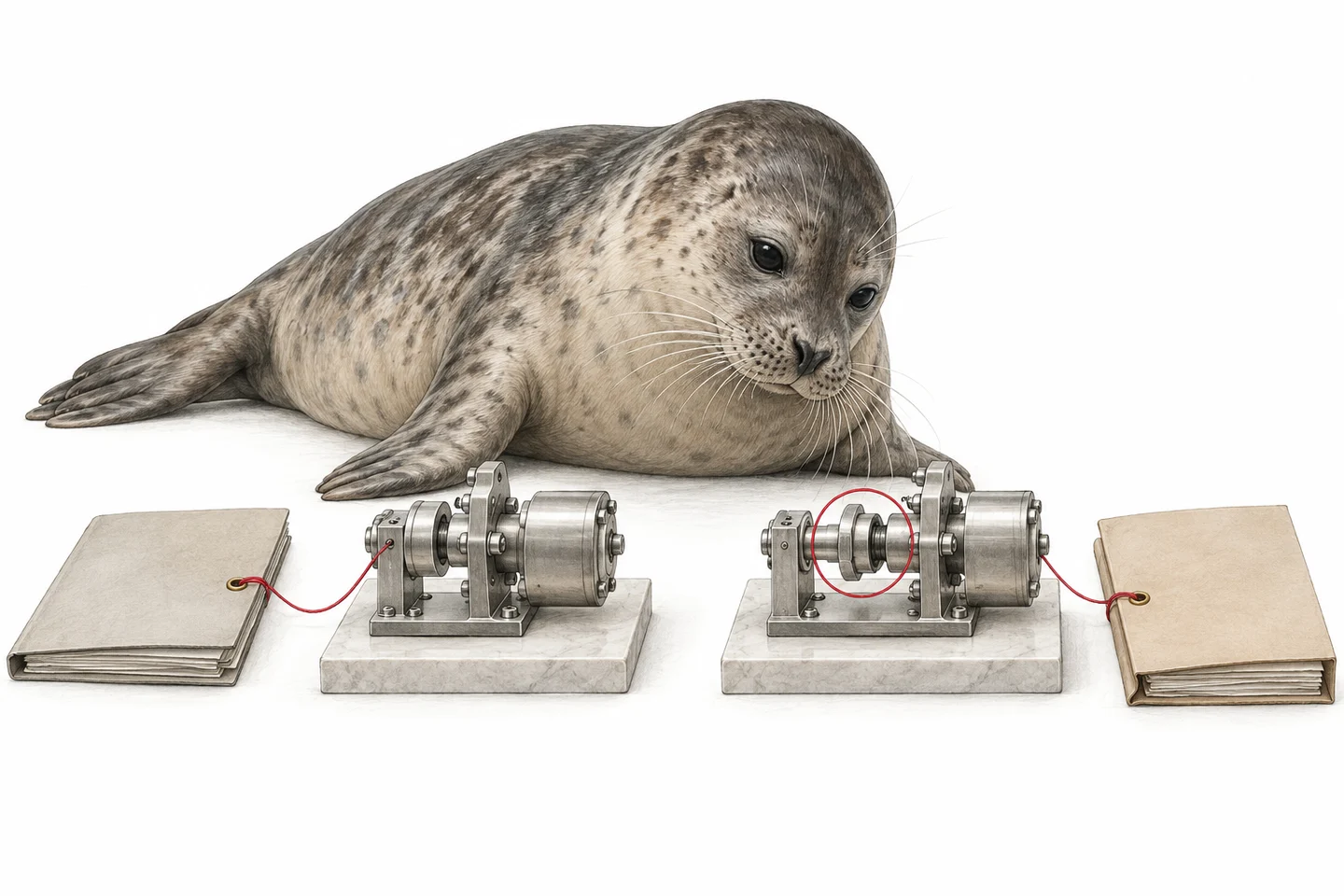 Illustration of a seal comparing two equipment versions, each linked to its retained evidence.