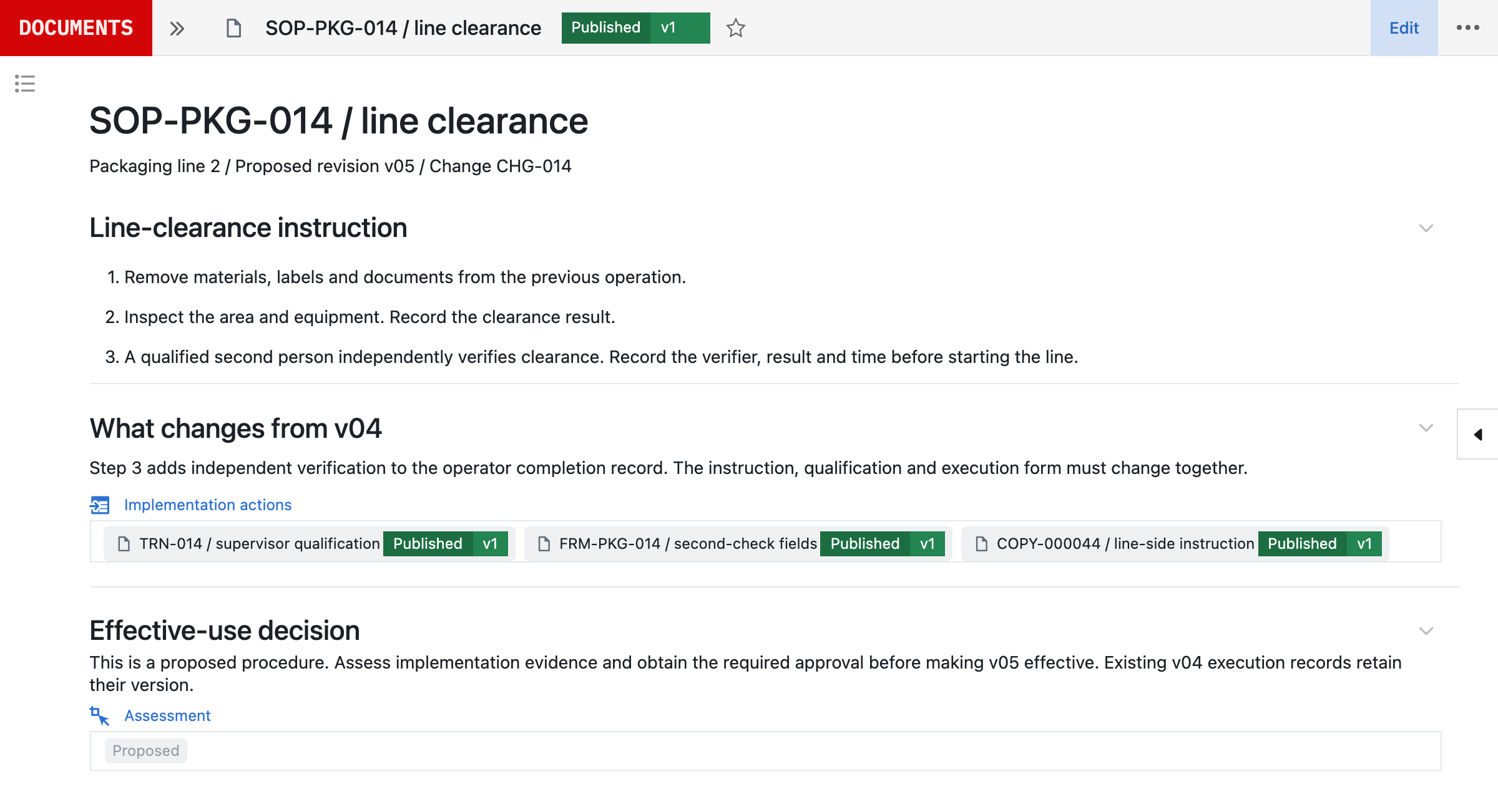 SOP-PKG-014 in Seal: revision v05 proposed under CHG-014, with the records that must change with it.