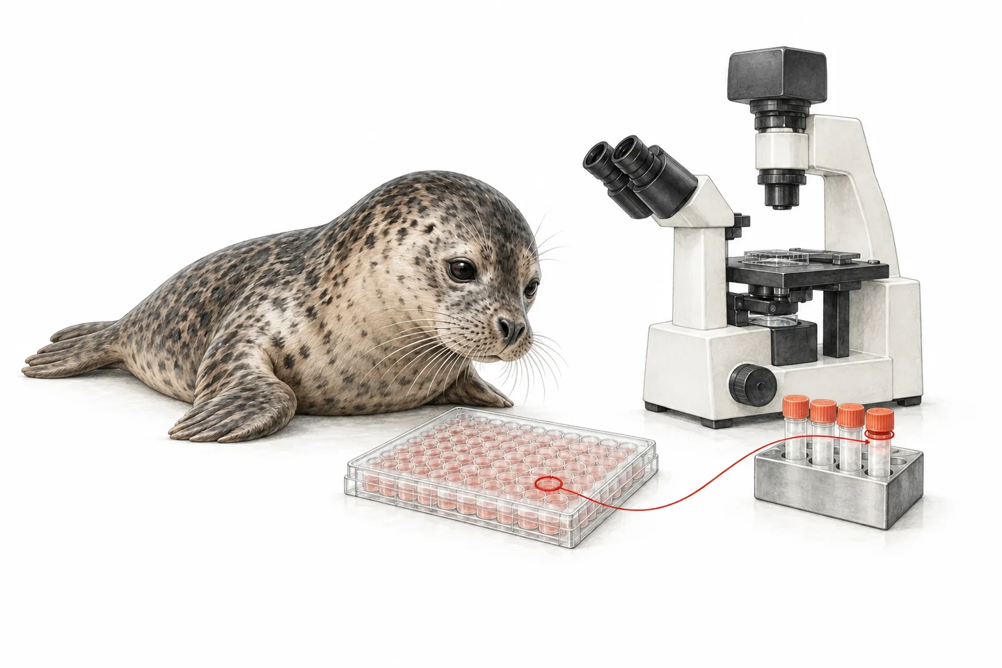 Illustration of a seal beside a microscope, screening plate and cryovials.