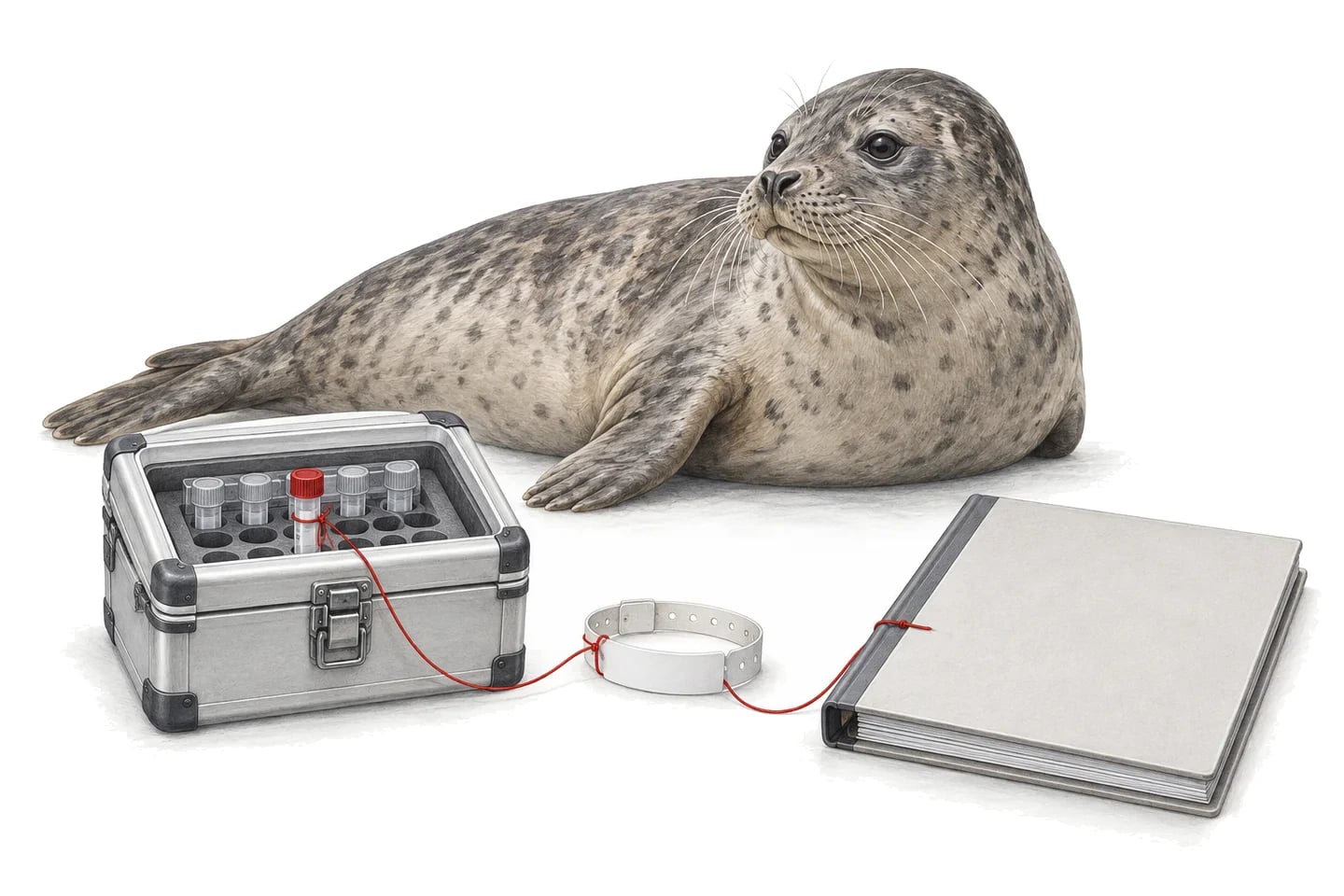 Illustration of a seal beside a sample transport case and study records.