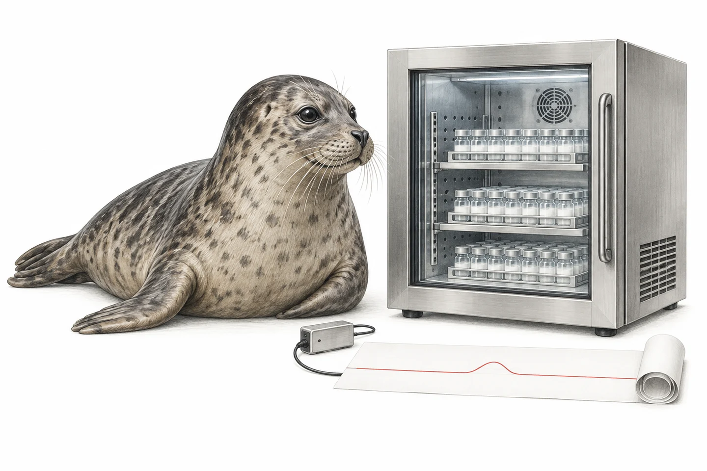 Illustration of a seal beside a sample chamber, temperature logger and recorded trace.