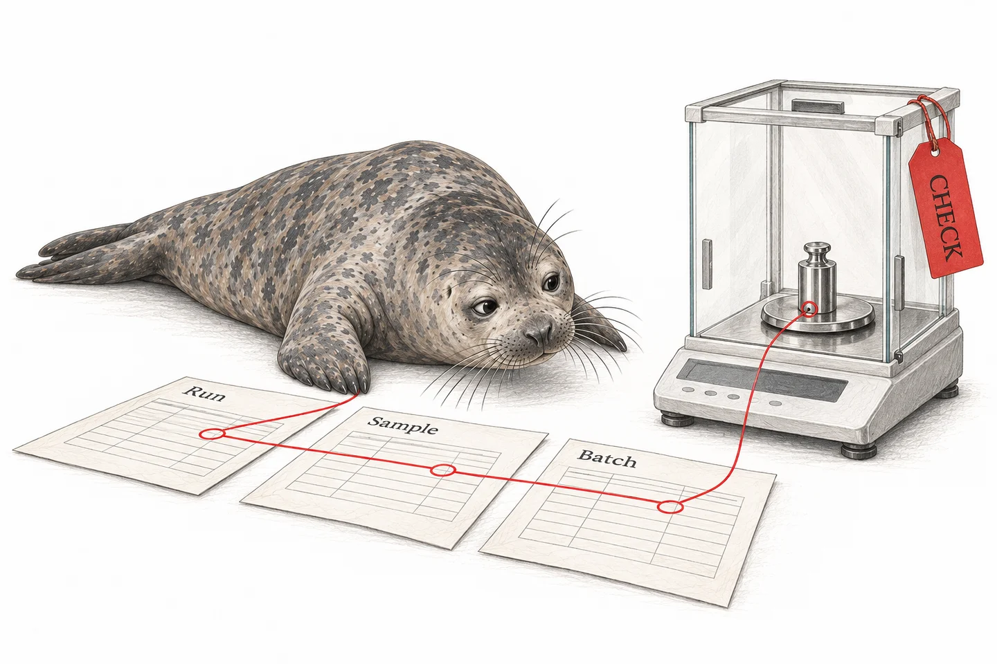 Illustration of a seal linking a balance check to run, sample and batch records.