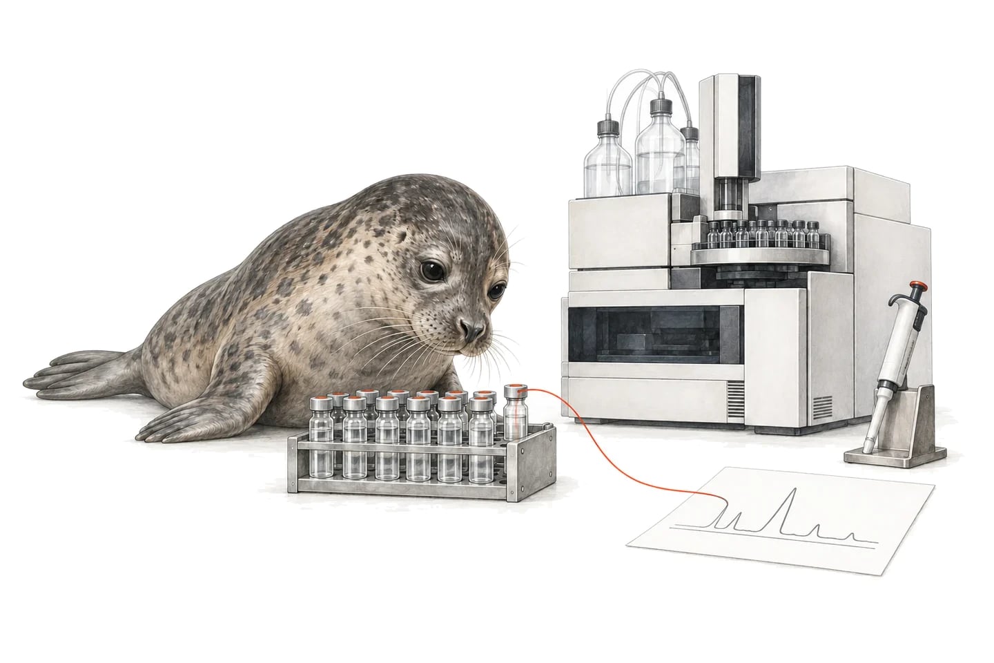 Illustration of a seal following a sample vial to an analytical instrument and its result.