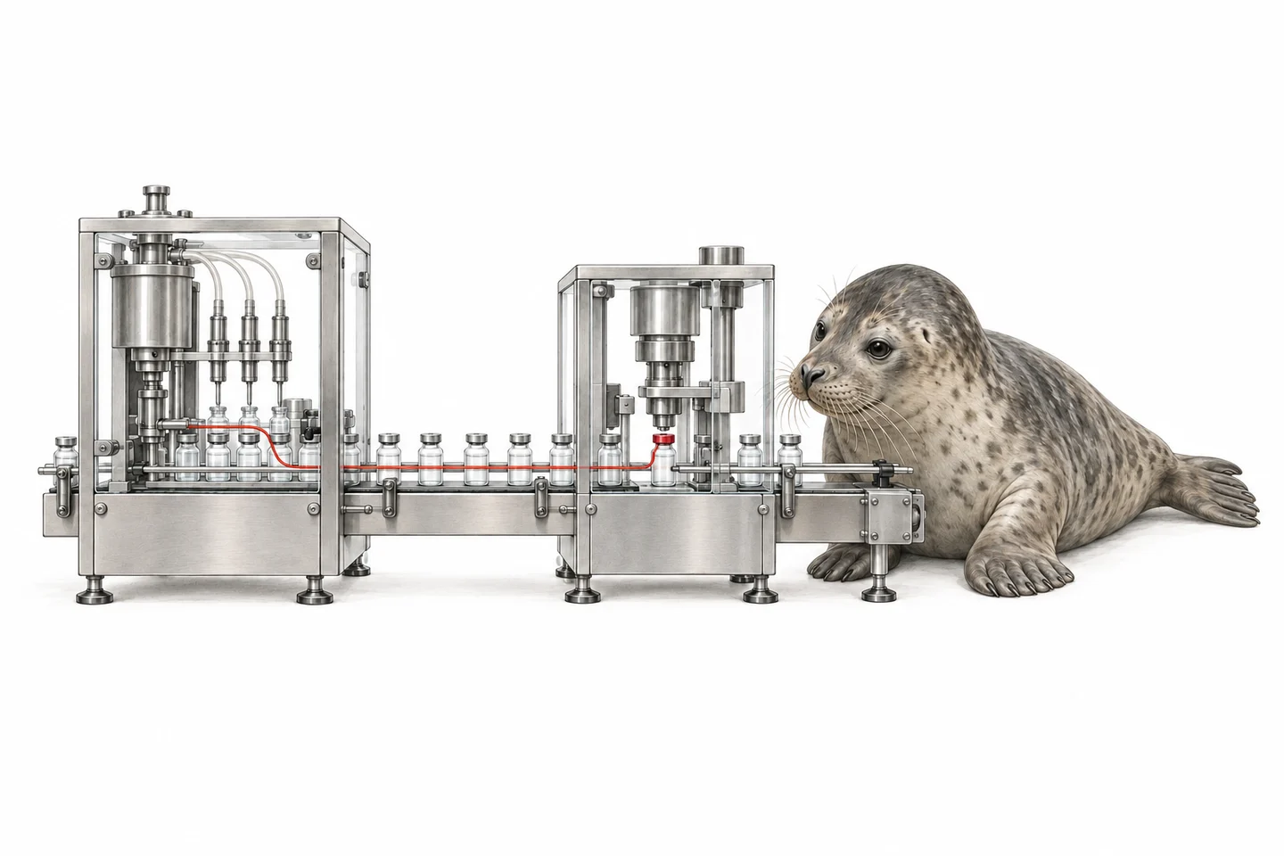 Illustration of a seal beside a production line of sealed vials.