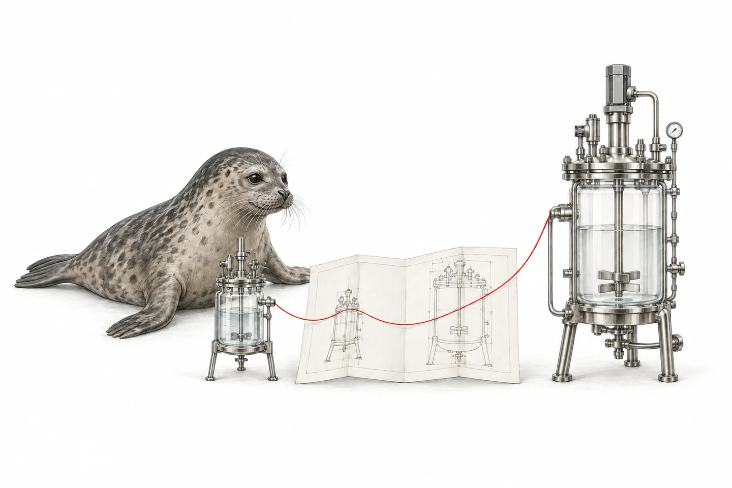 Illustration of a seal linking a small process vessel to a larger vessel through a shared technical drawing.