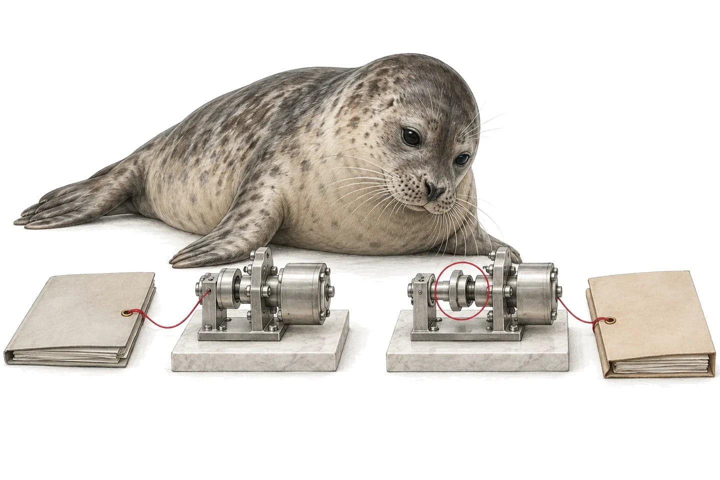Illustration of a seal comparing two equipment versions, each linked to its retained evidence.