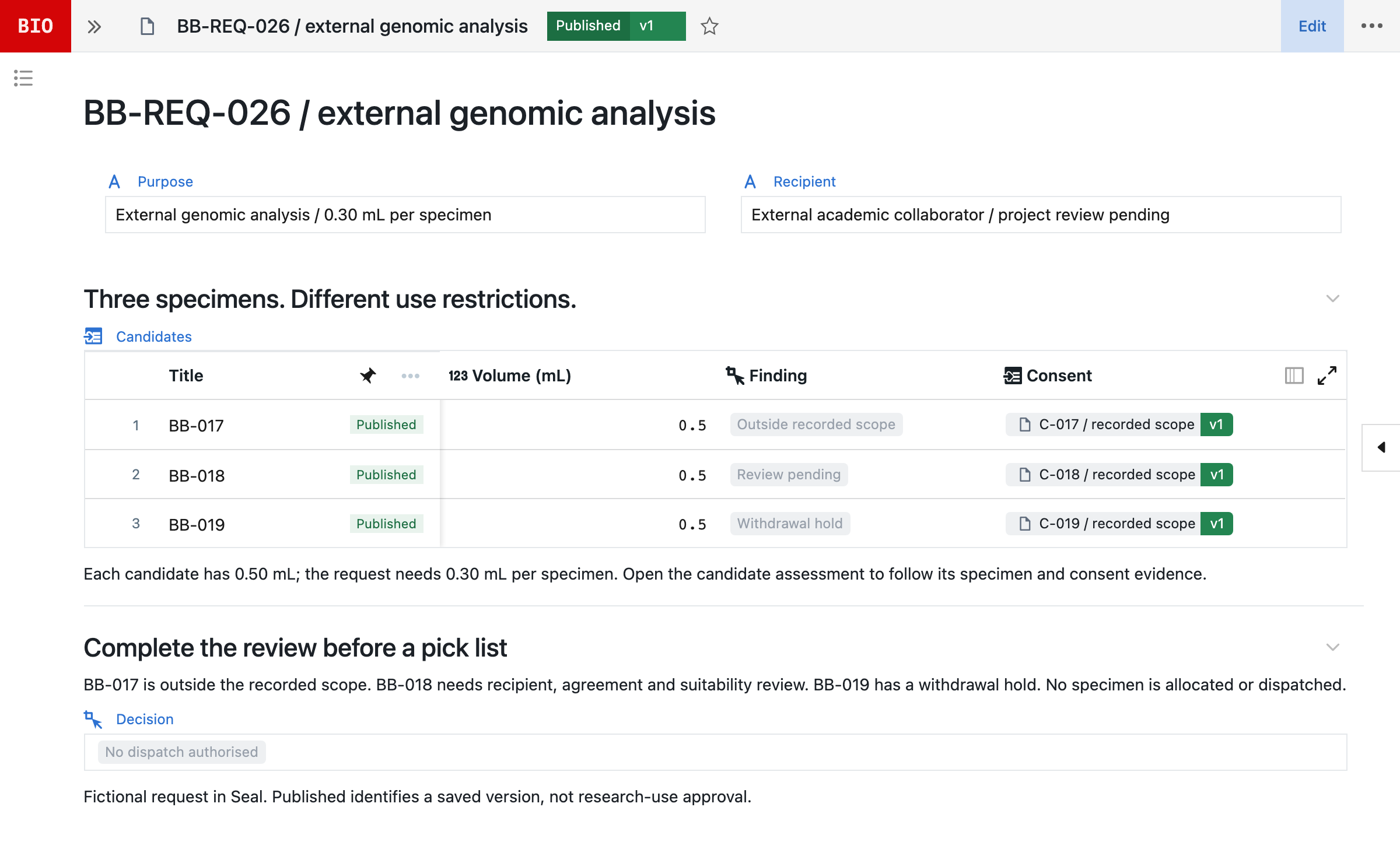 Fictional research request in the actual Seal interface: three fully loaded candidate records link recorded volume, findings and versioned consent evidence.
