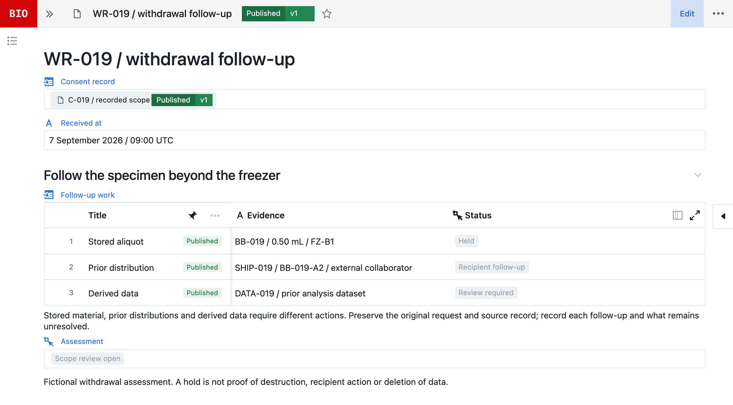 Fictional native Seal withdrawal assessment WR-019 with fully loaded stored-material, recipient and data follow-up records and their open states.