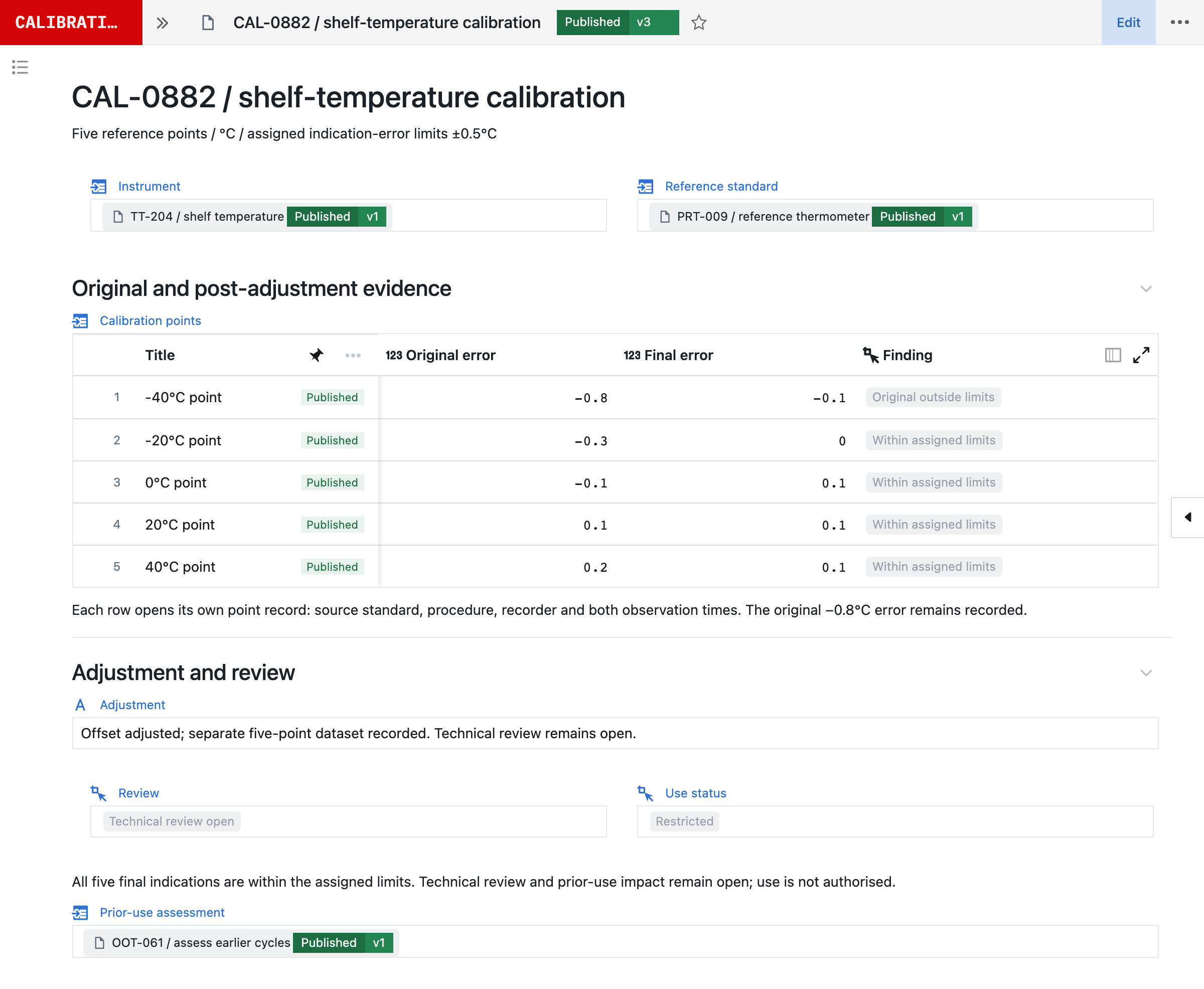 Native Seal CAL-0882 calibration with five linked temperature-point records, original and final errors, reference standard and prior-use assessment. Fictional demonstration.