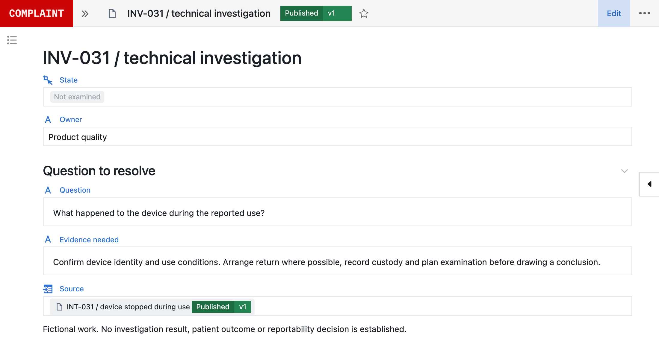Actual Seal interface with an illustrative technical investigation linked to the source complaint. Device identification and examination are still required.