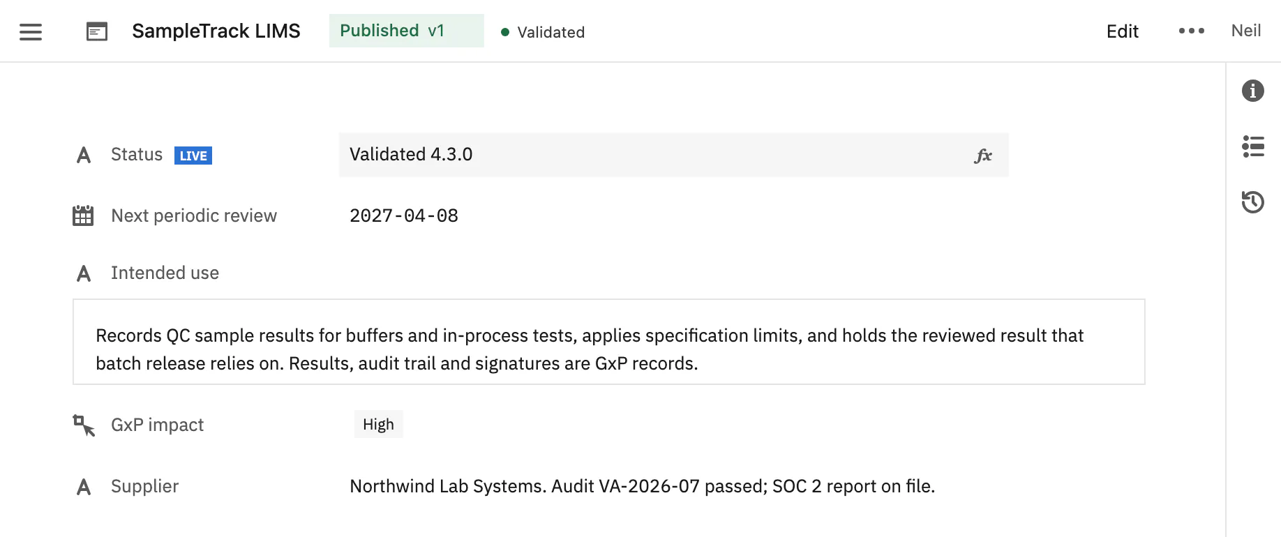 SampleTrack LIMS states its intended use, GxP impact and supplier, and shows the version currently validated, worked out from the last released change control