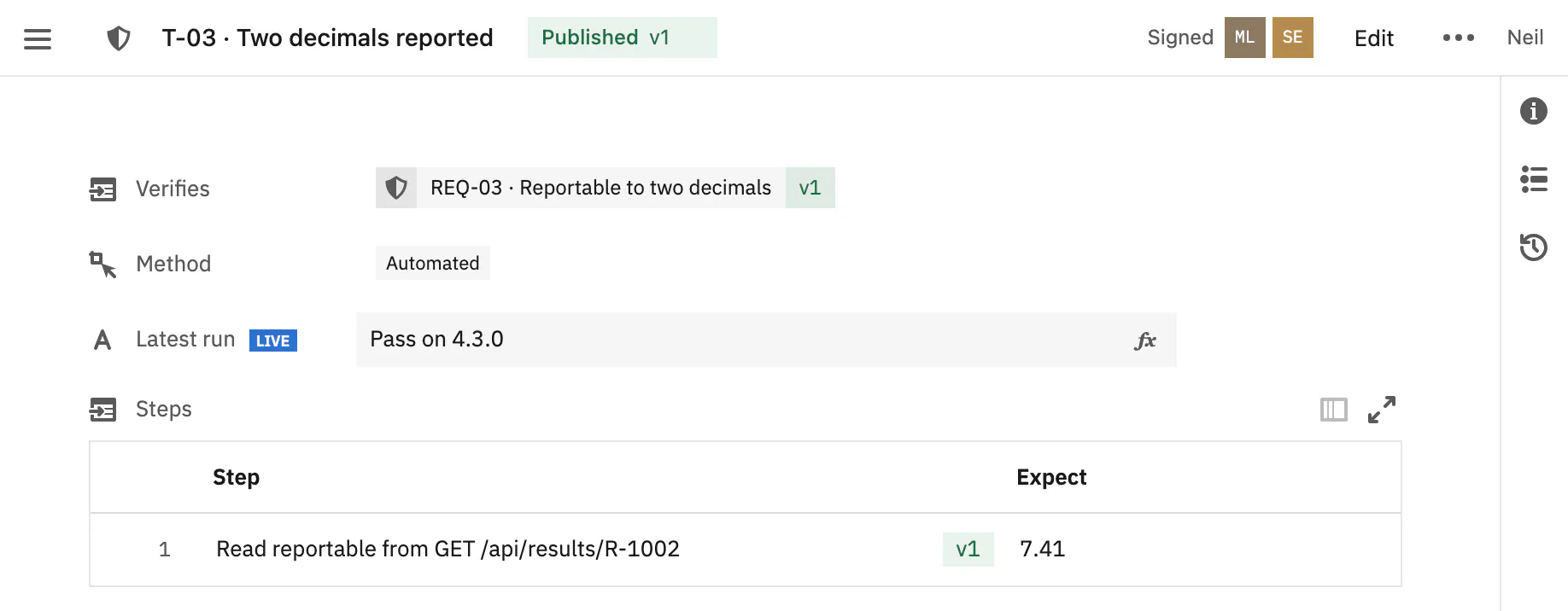 T-03 is automated: the request, the field read from the answer, the value expected and its latest run, a pass on 4.3.0