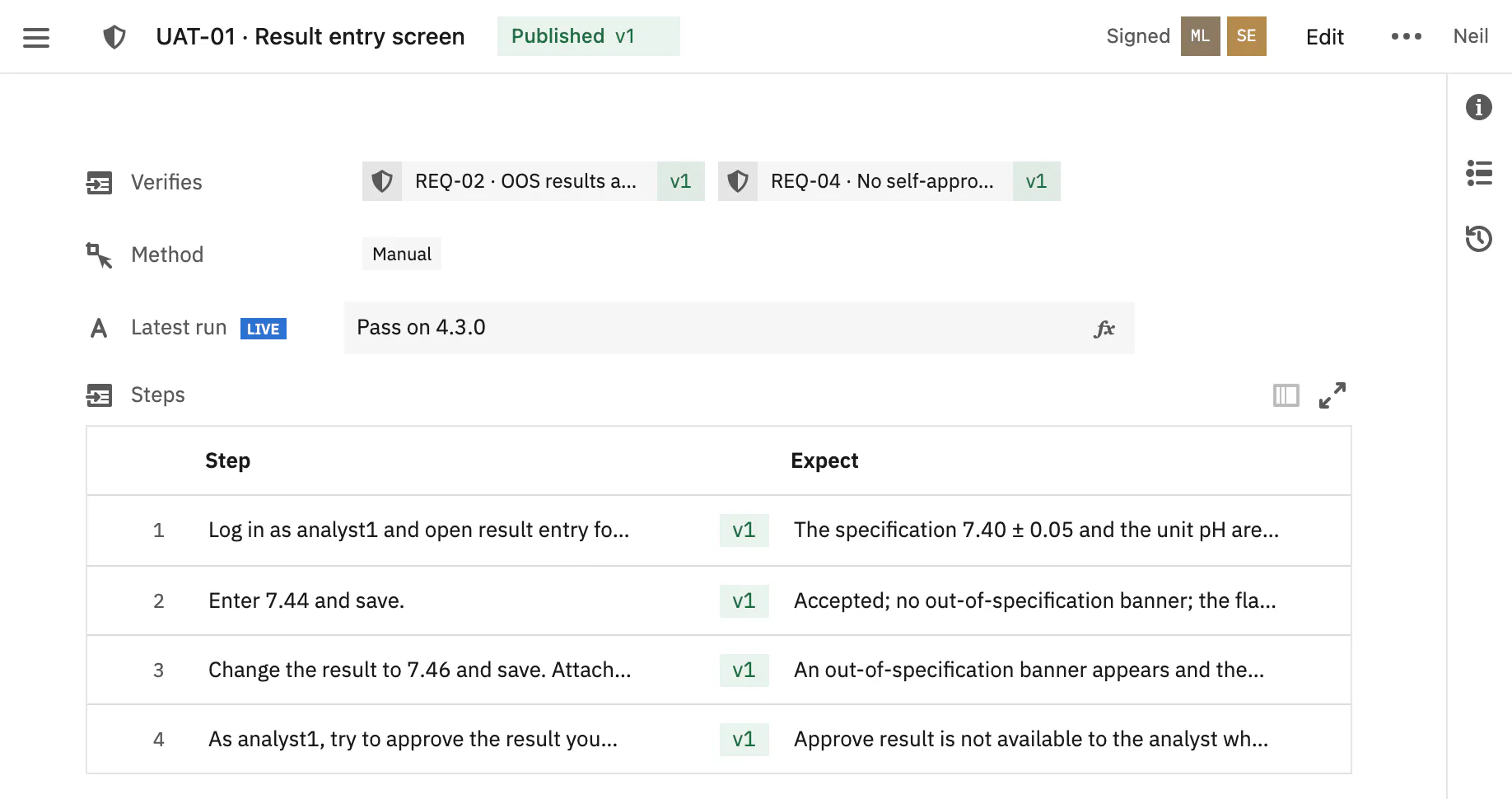 UAT-01 is manual: four steps, each with what to do and what should happen, verifying two requirements