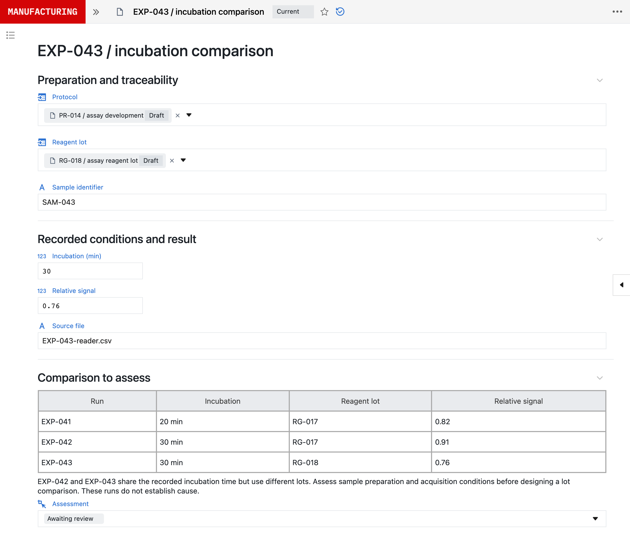 The experiment and its linked records in Seal, using draft example records