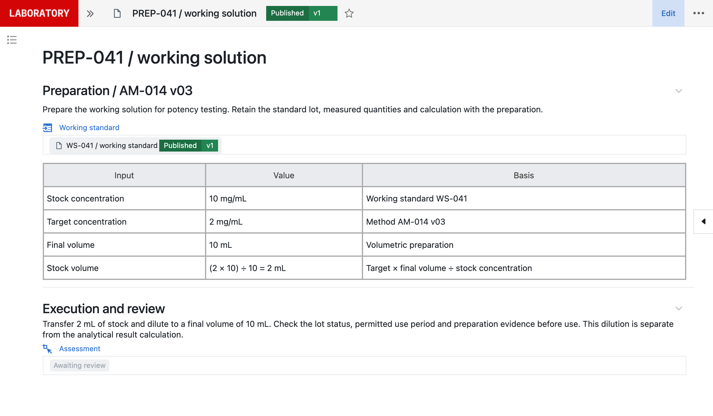 Seal preparation worksheet PREP-041 with a linked working-standard record, dilution inputs, calculation and awaiting-review field; fictional demo data