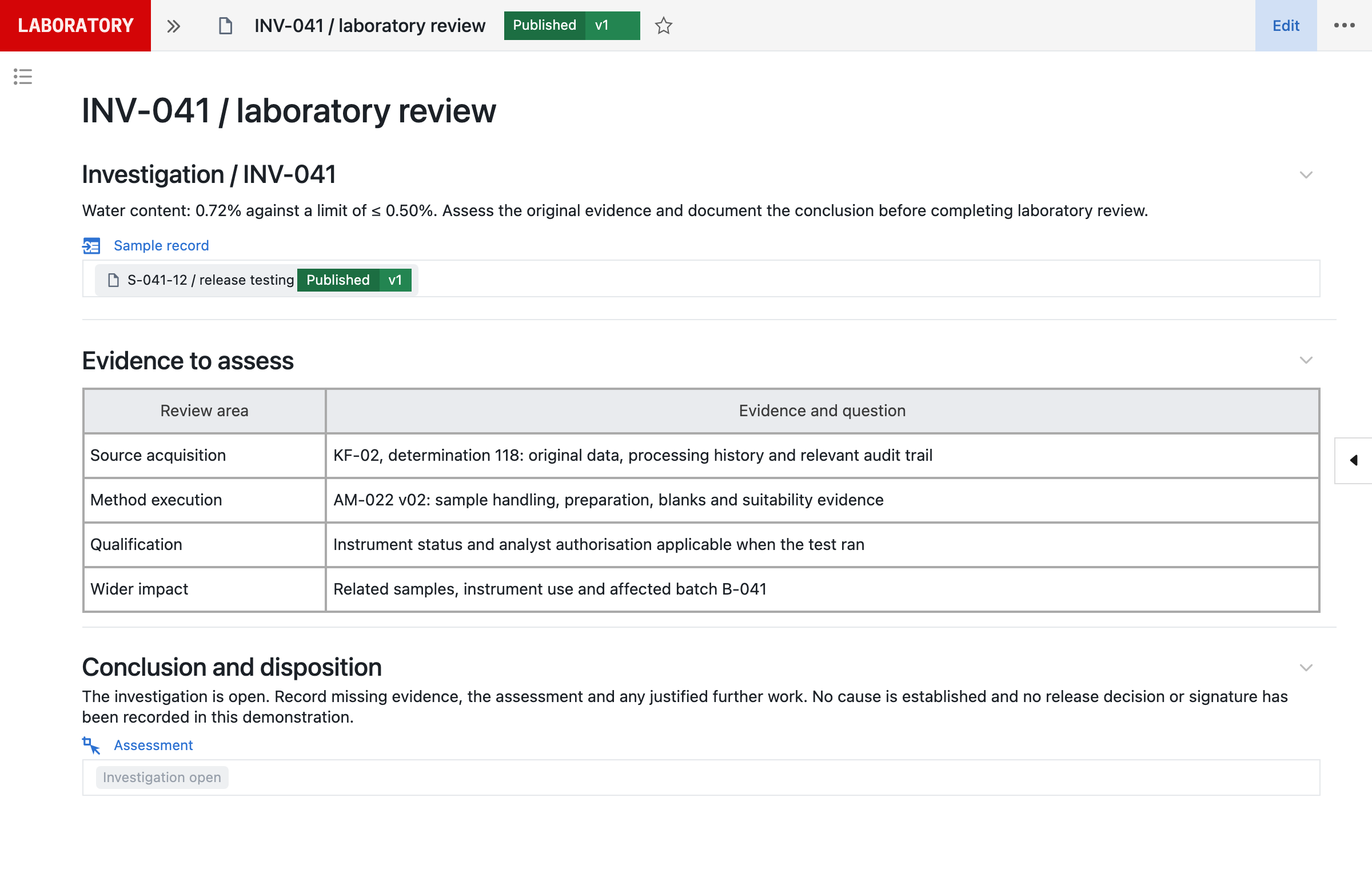 Seal laboratory review INV-041 linked to sample S-041-12, showing source, execution, qualification and wider-impact evidence to assess; fictional demo data with no release or signature recorded