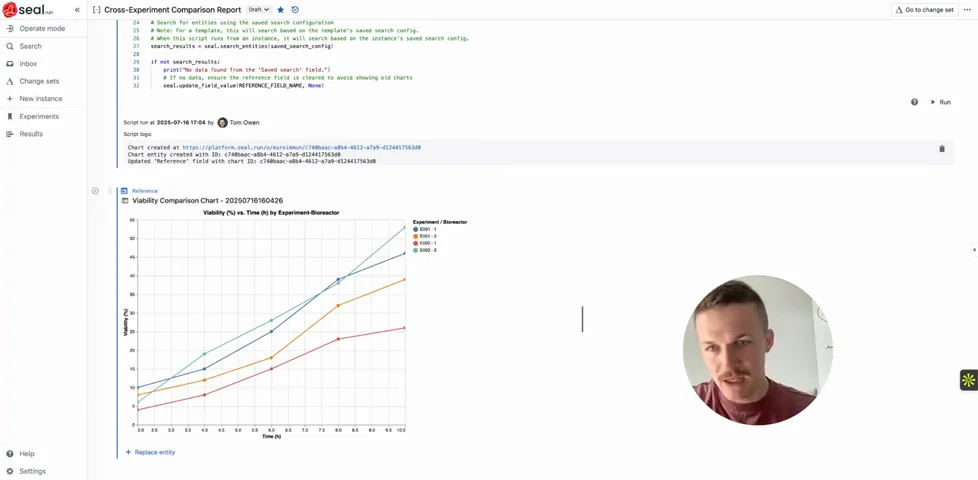 Cross-experiment comparison report in Seal, from the recorded product walkthrough